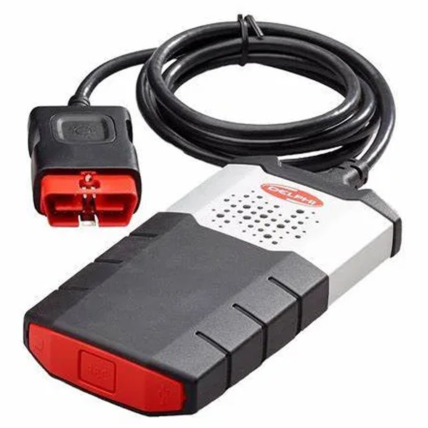 Máquina de diagnosis Delphi DS150E conectada a puerto OBD2